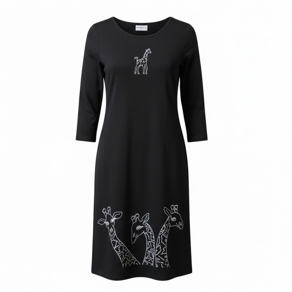 Vintage 90's Studio Ease Giraffe Dress Black Petite M Medium Long Sleeve Maxi NW